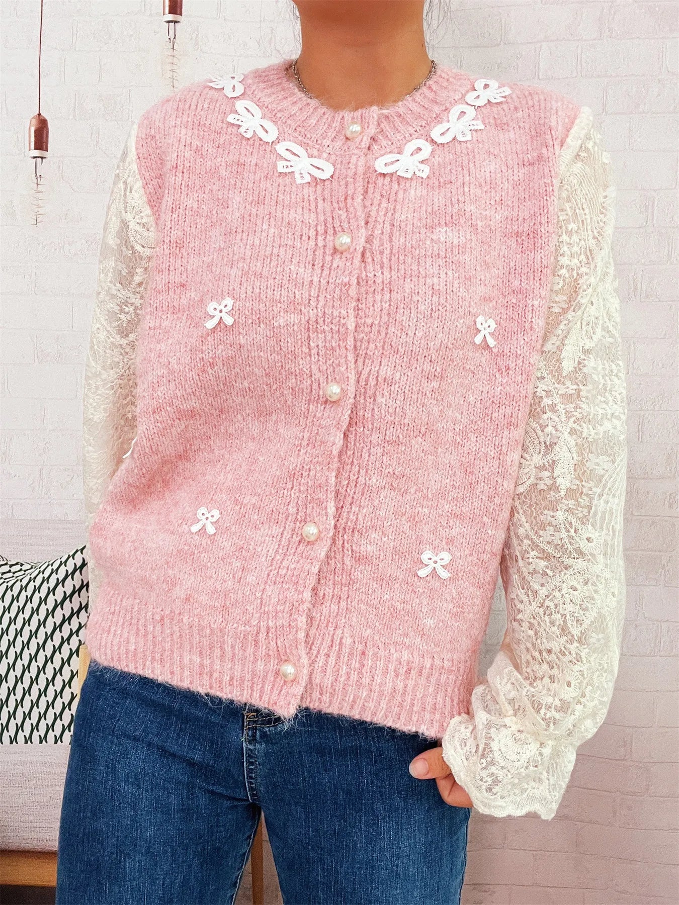 Lace Sleeve Button-Up Cardigan