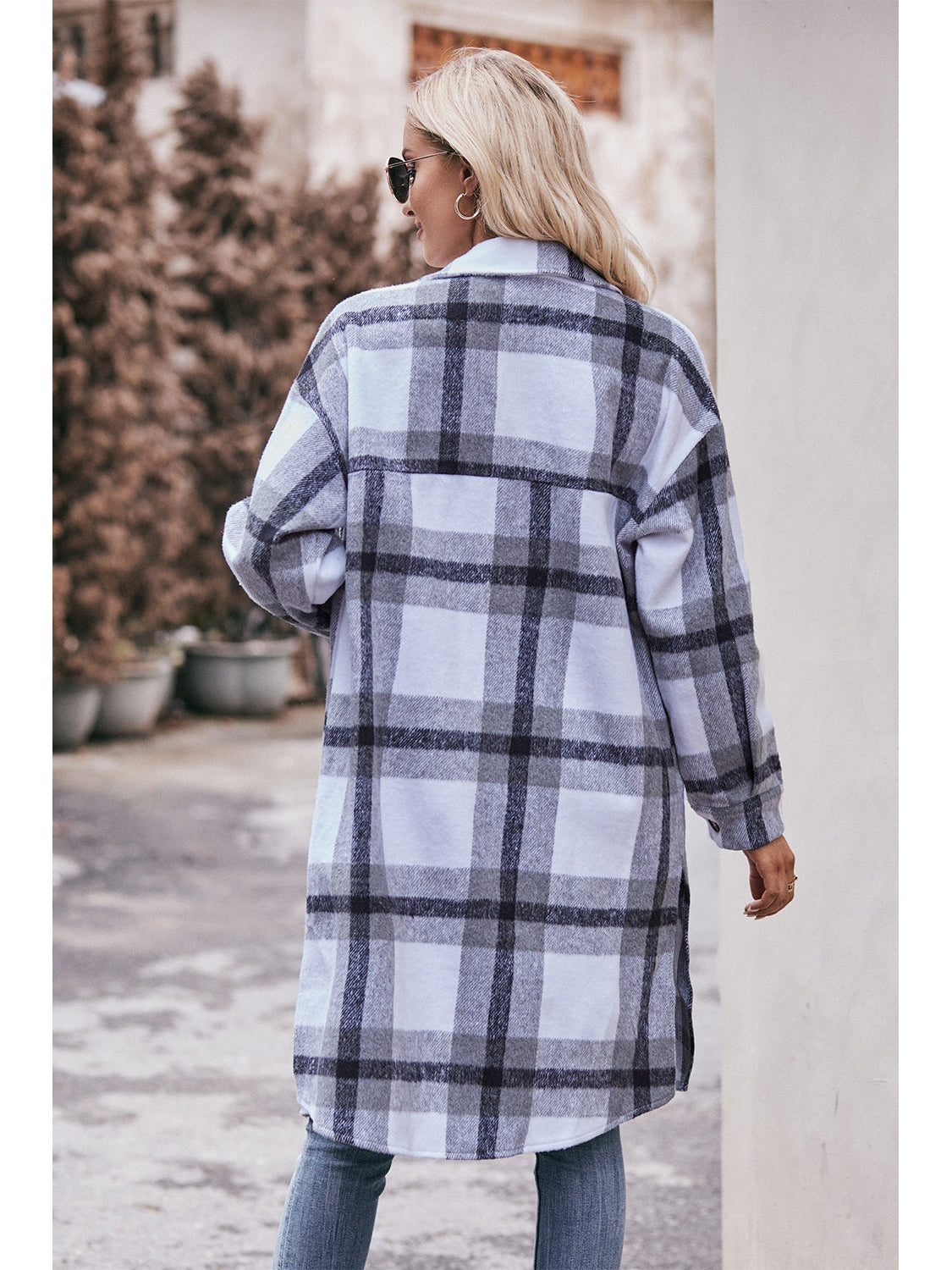 NicholesGifts Women Mandy Plaid Dropped Shoulder Longline Jacket
