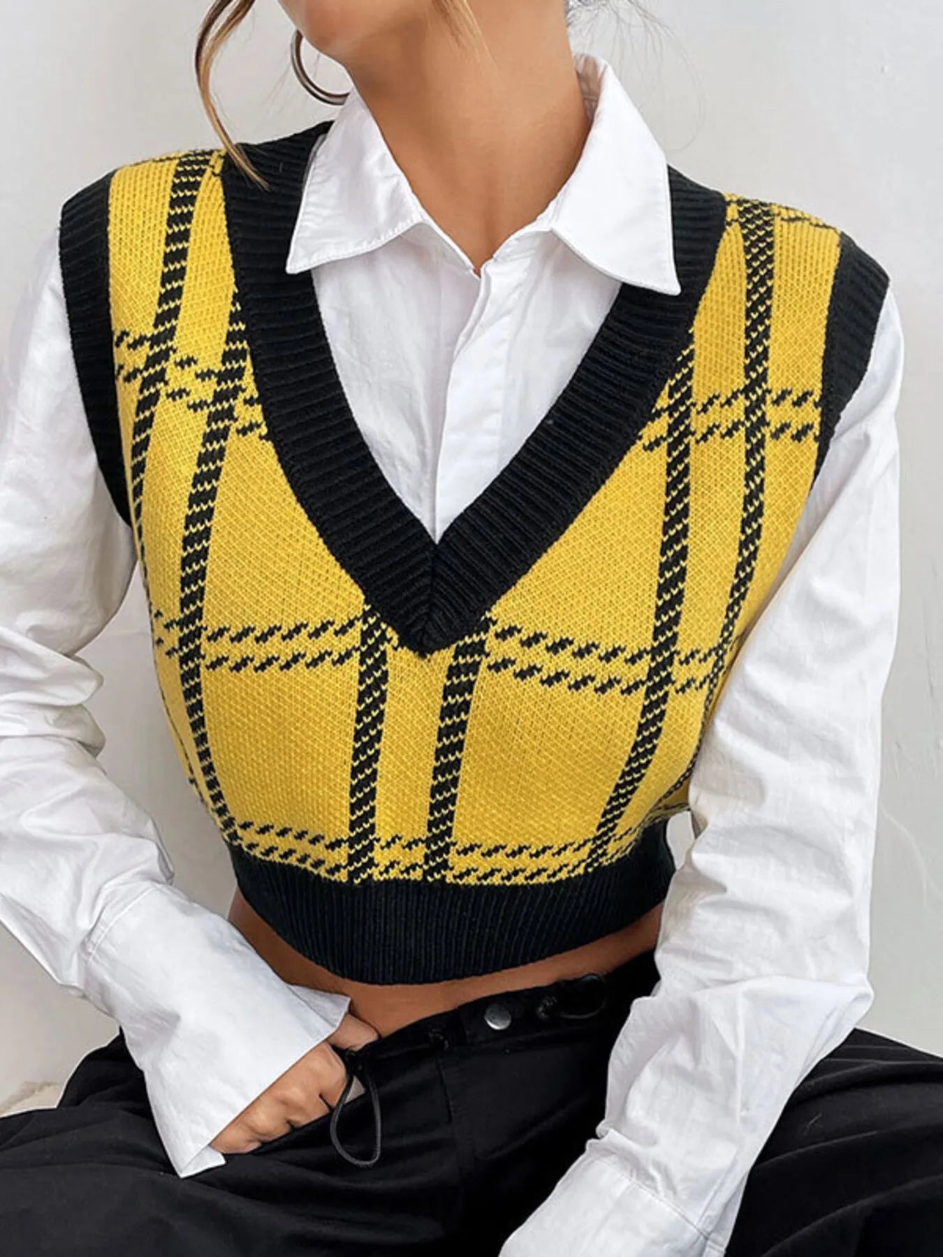Plaid V-Neck Cropped Sweater Vest Trendsi