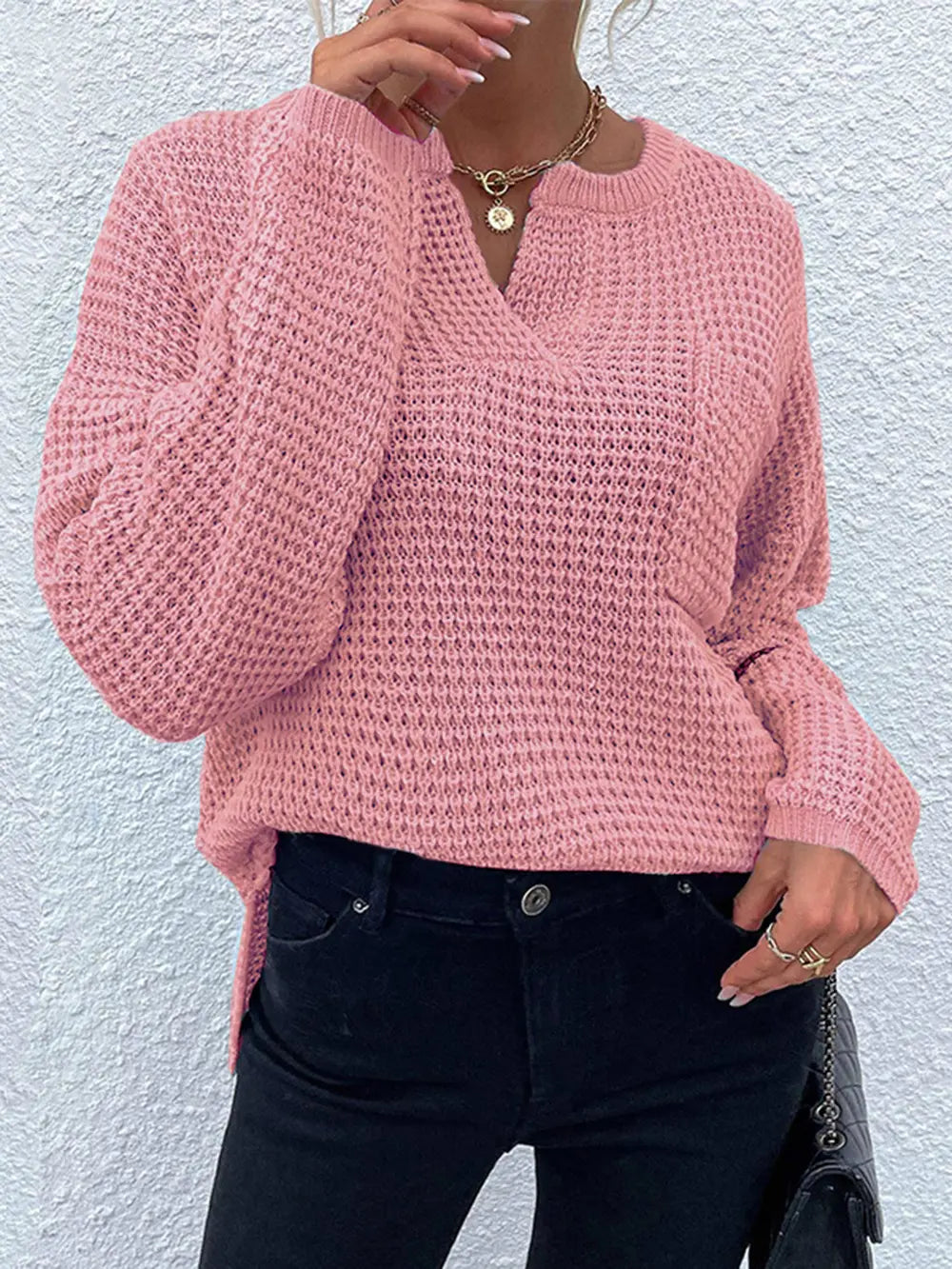 Notched Long Sleeve Sweater nicholesgifts