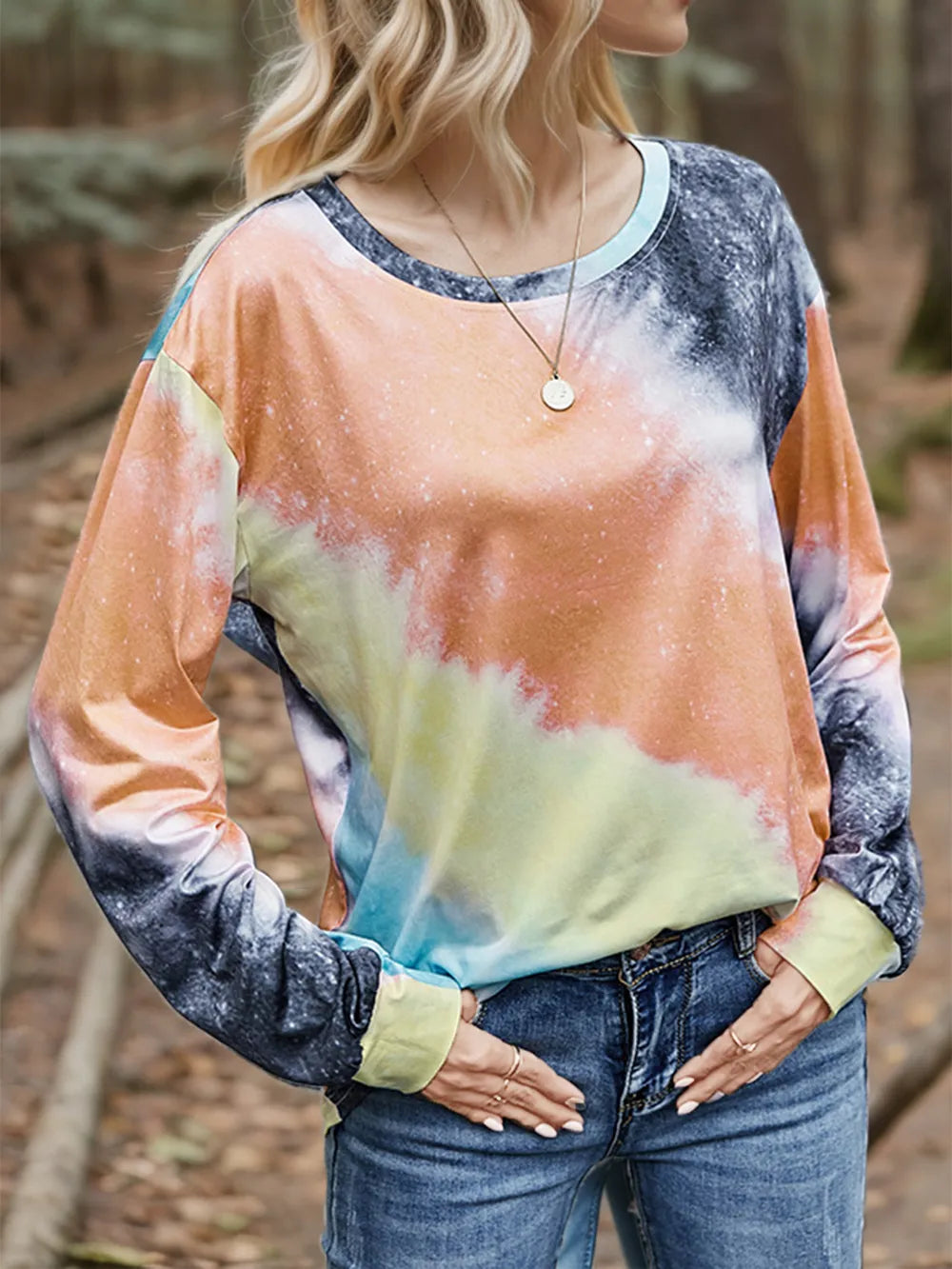 Shiny Printed Round Neck Long Sleeve T-Shirt NicholesGifts
