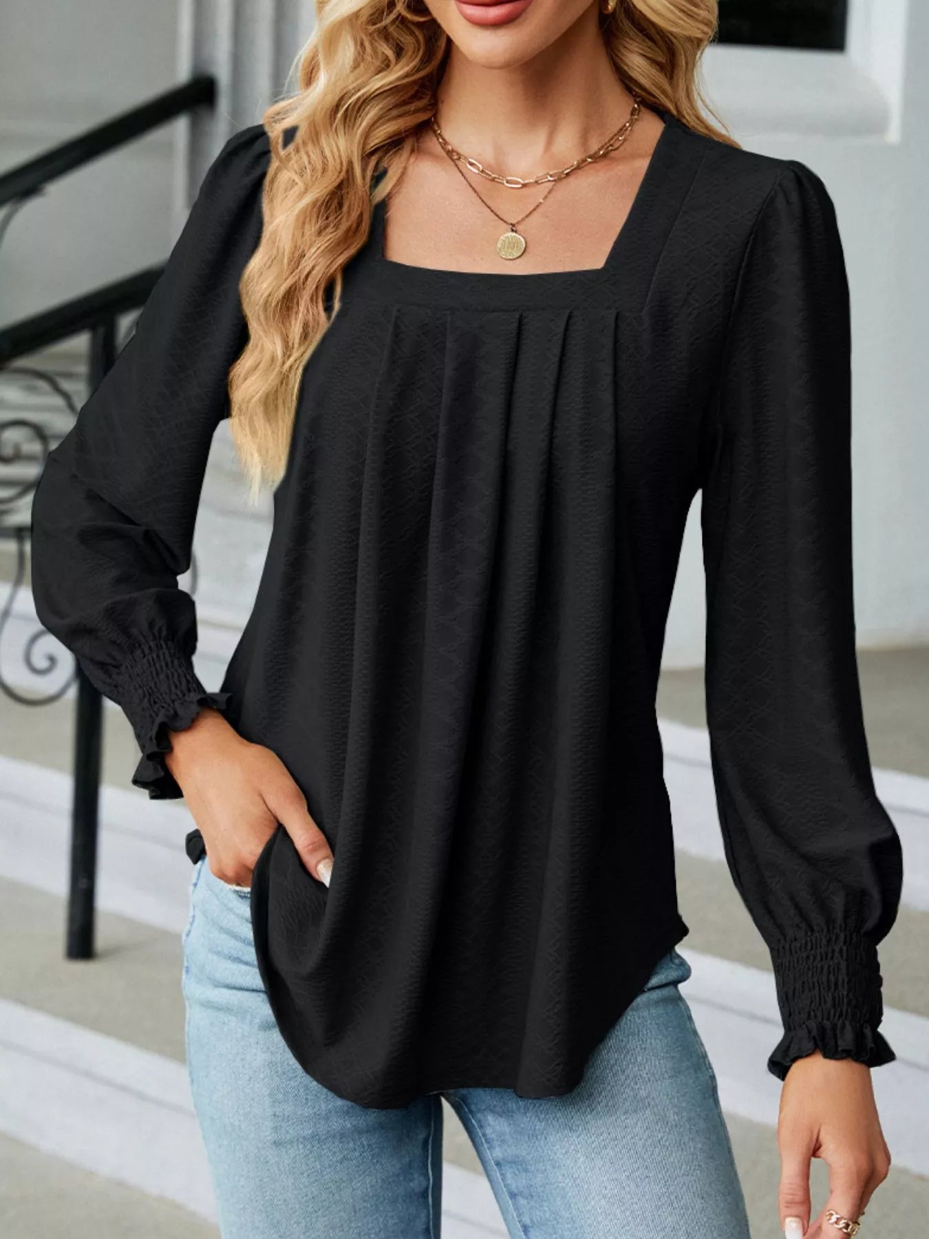 Pleated Square Neck Long Sleeve Top Trendsi