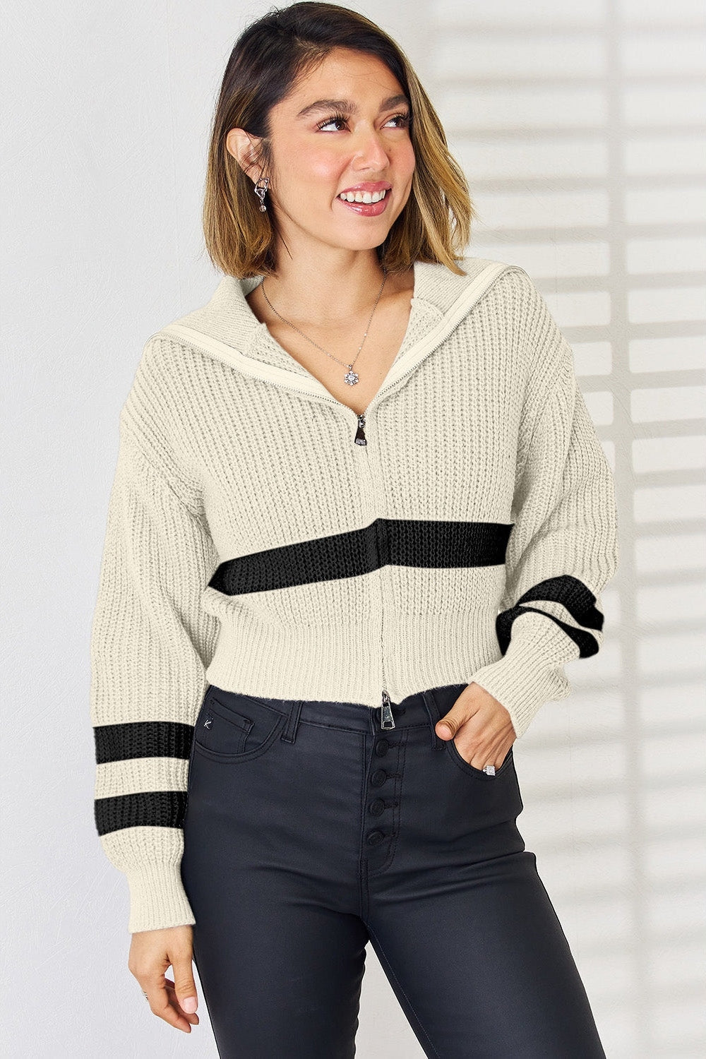 Striped Zip Up Dropped Shoulder Cardigan nicholesgifts