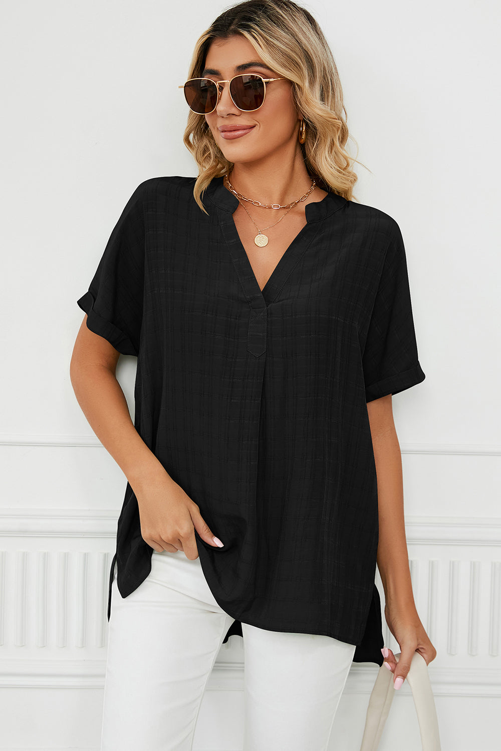 Women Ruched Notched Short Sleeve Blouse nicholesgifts