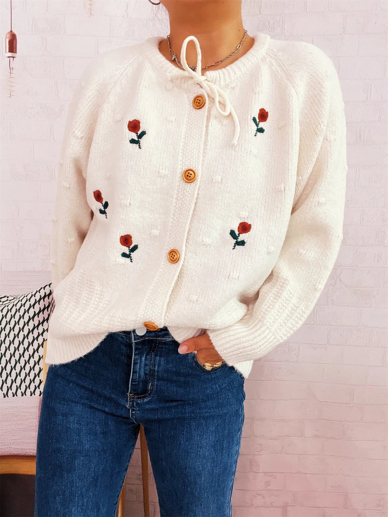 Rose Embroidered Button-Up Cardigan