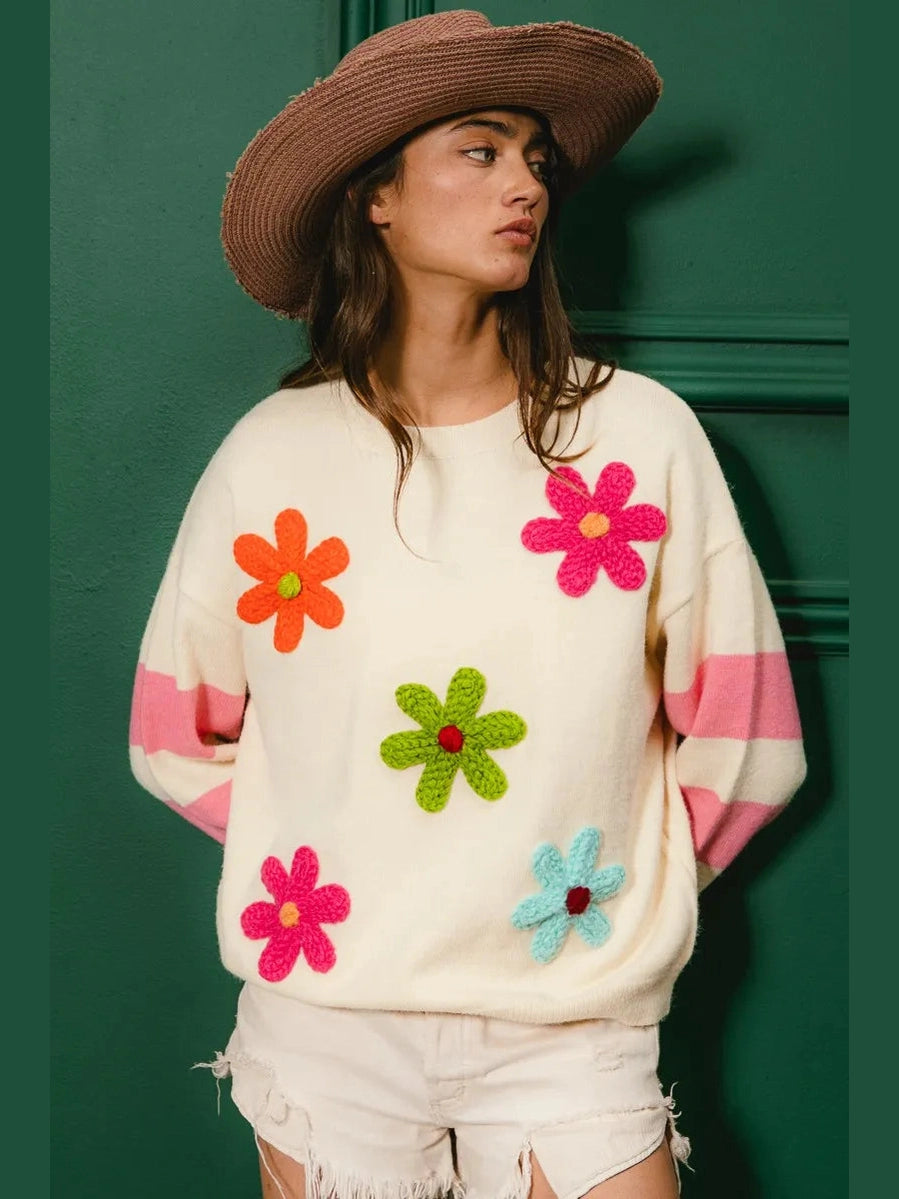 BiBi Colorful Floral Patched Sweater with Striped Sleeve Trendsi