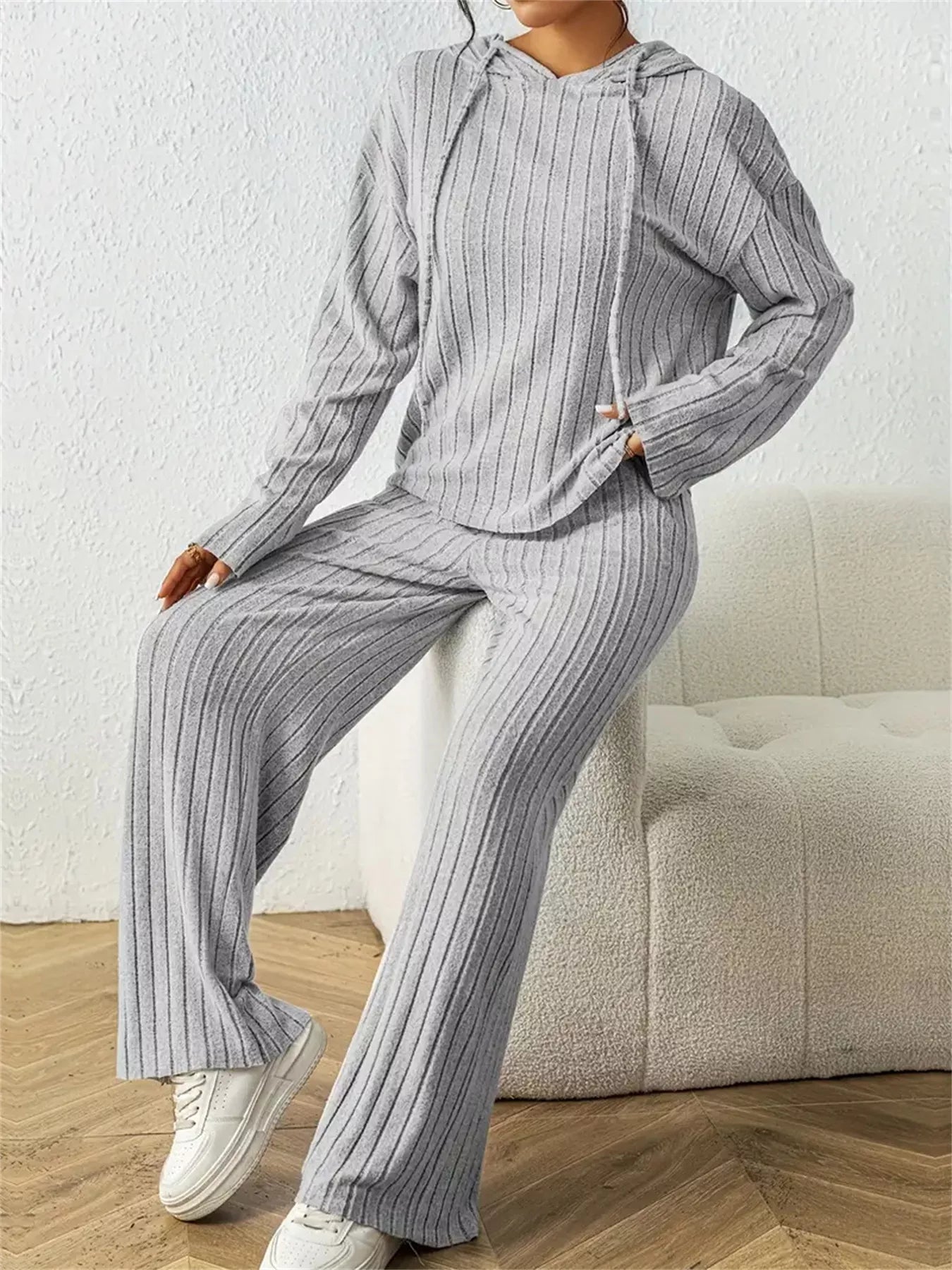 Ribbed Drawstring Hoodie and Pants Set Trendsi
