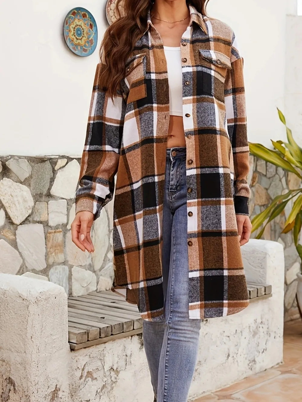 Plaid Collared Neck Long Sleeve Jacket NicholesGifts