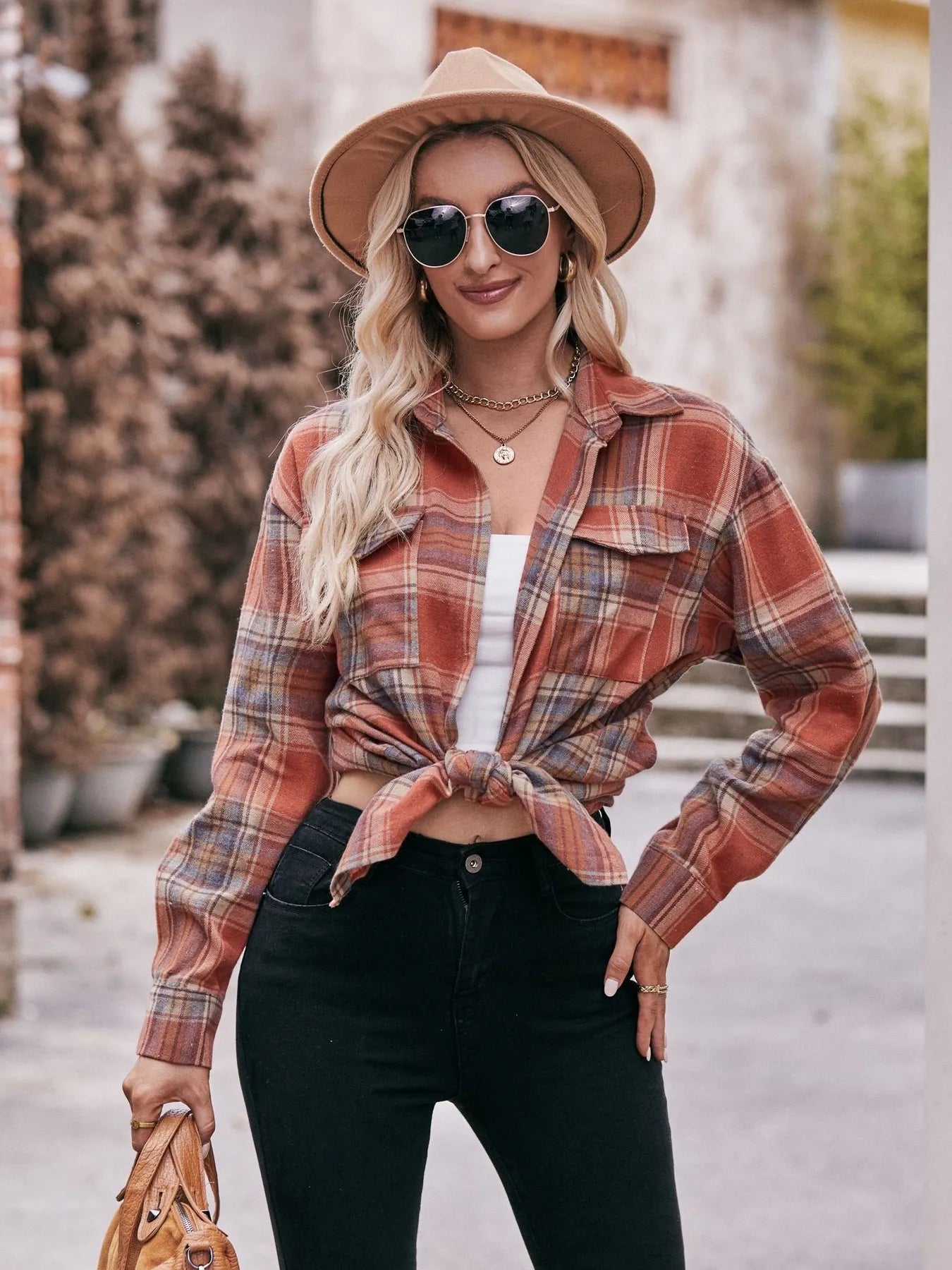 Plaid Button-Down Long Sleeve Shirt Trendsi