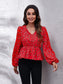 Floral V-Neck Balloon Sleeve Peplum Blouse nicholesgifts