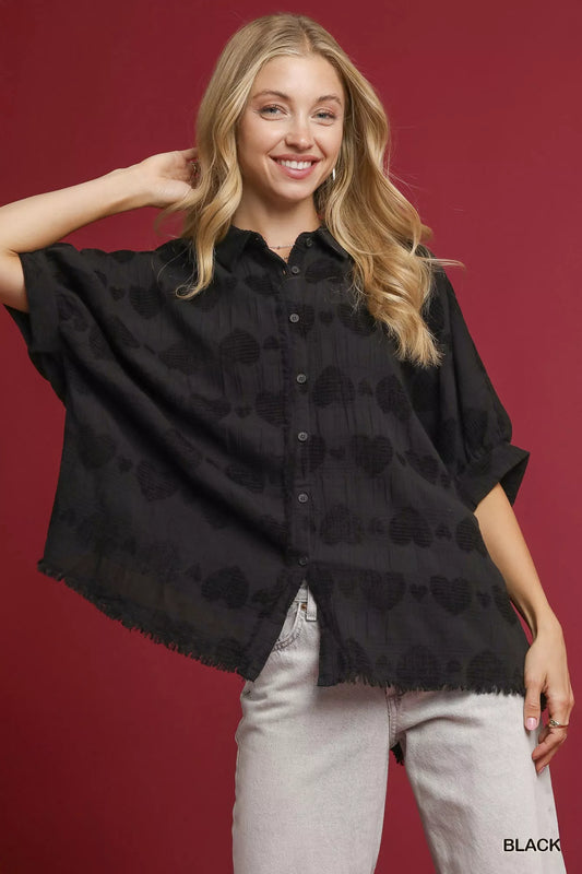 Women Umgee Jacquard Heart Collared Black Short Shirt