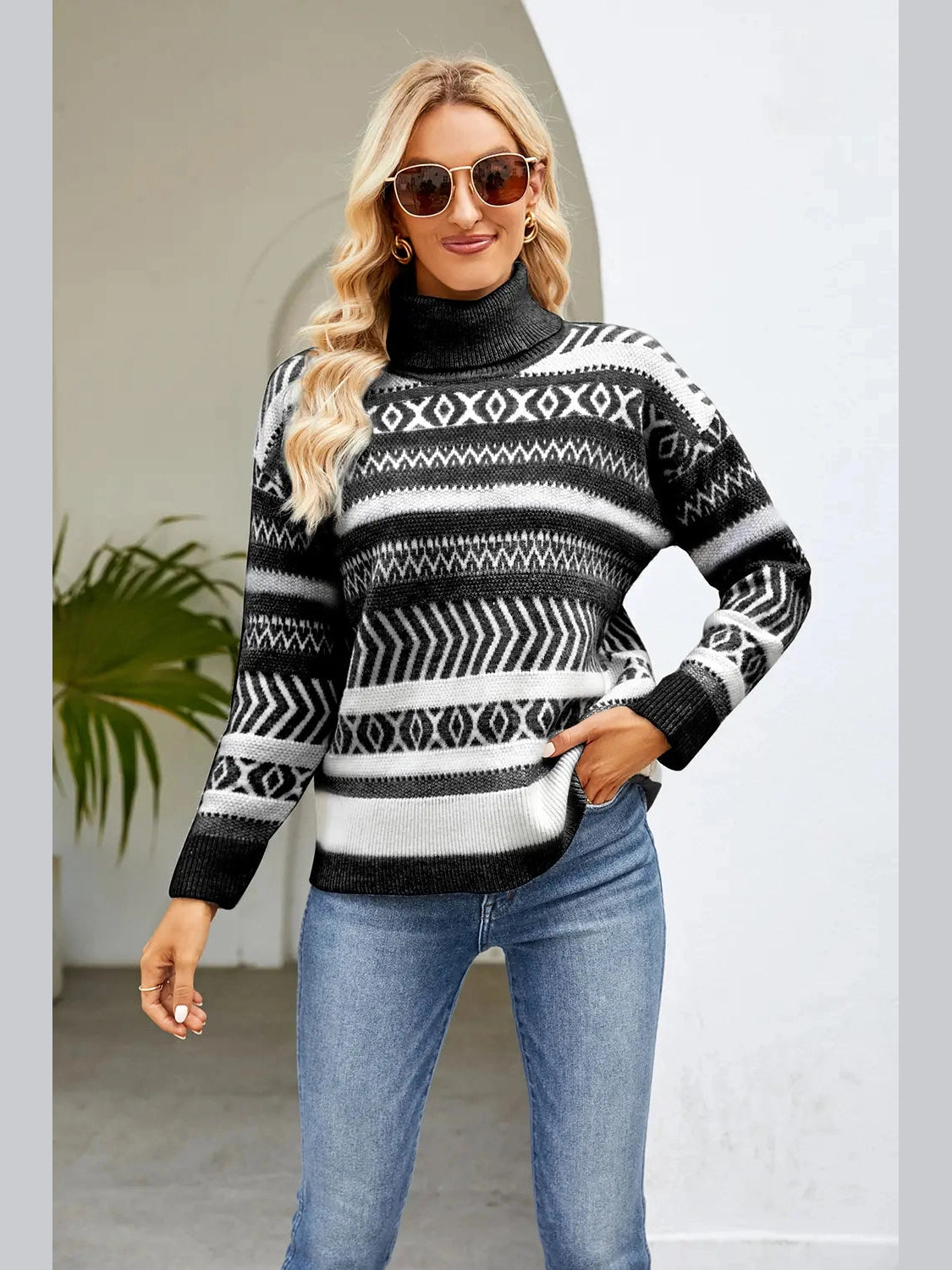 Geometric Turtleneck Long Sleeve Sweater Trendsi