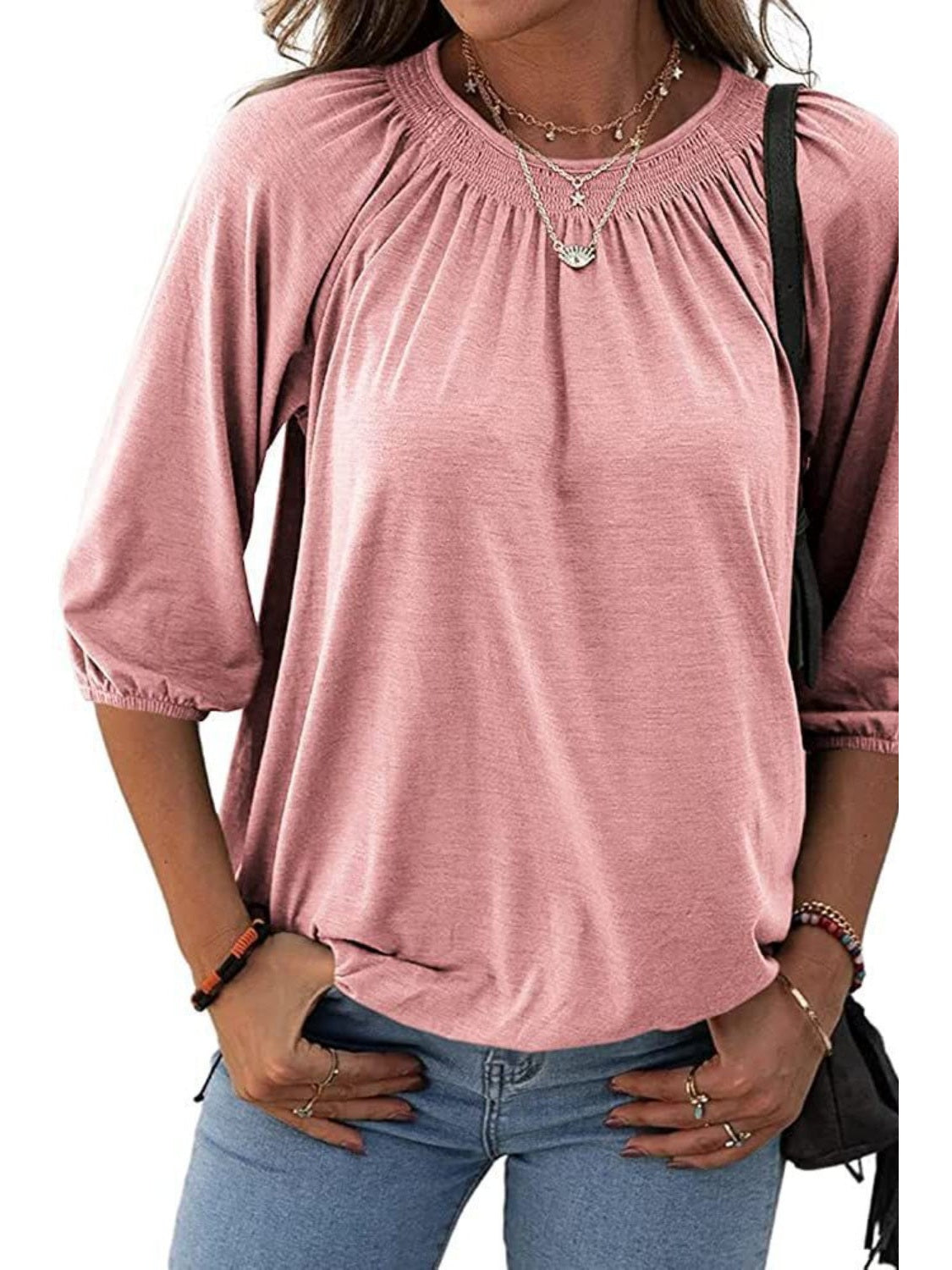 Gathered Detail Round Neck T-Shirt