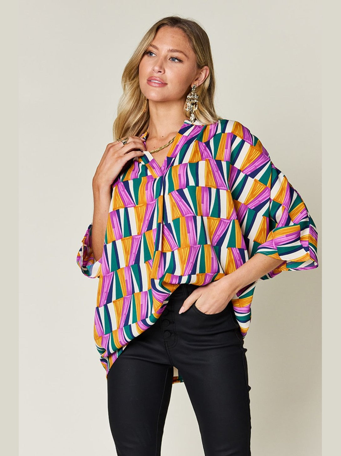 Double Take Full Size Geometric Notched Dolman Sleeve Top nicholesgifts