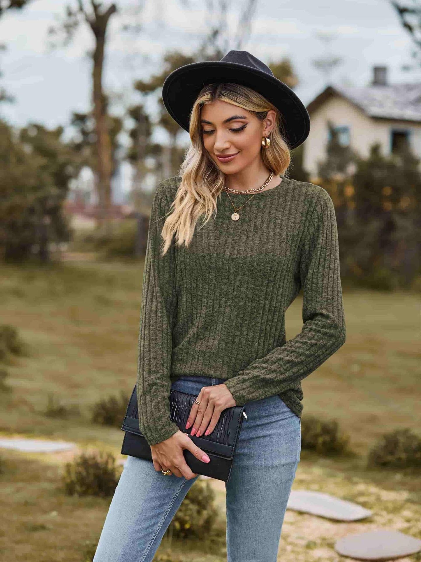Ribbed Round Neck Long Sleeve Tee NicholesGifts