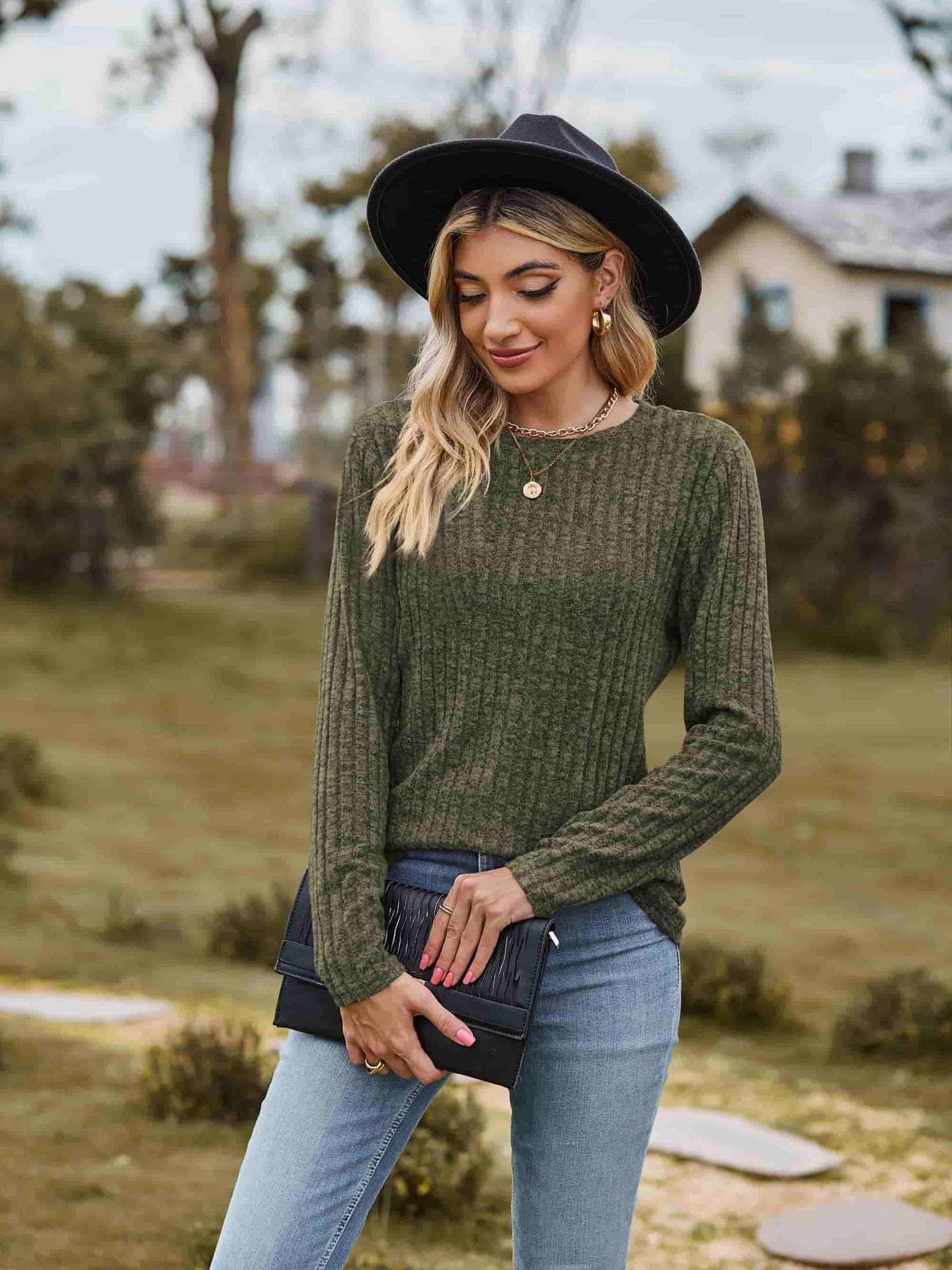 Ribbed Round Neck Long Sleeve Tee NicholesGifts