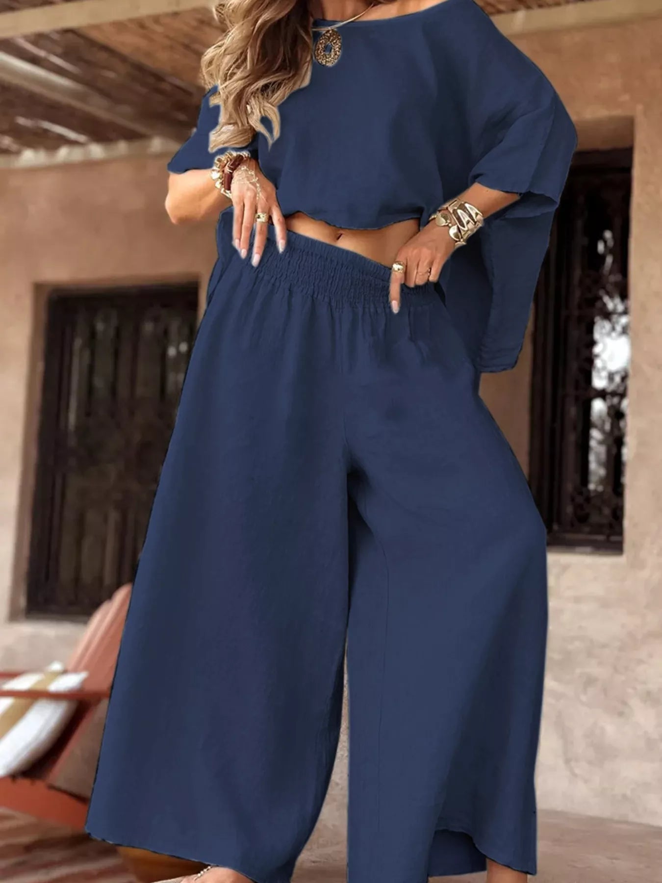 Full Size Boat Neck Top and Wide Leg Pants Set Plus Size Trendsi