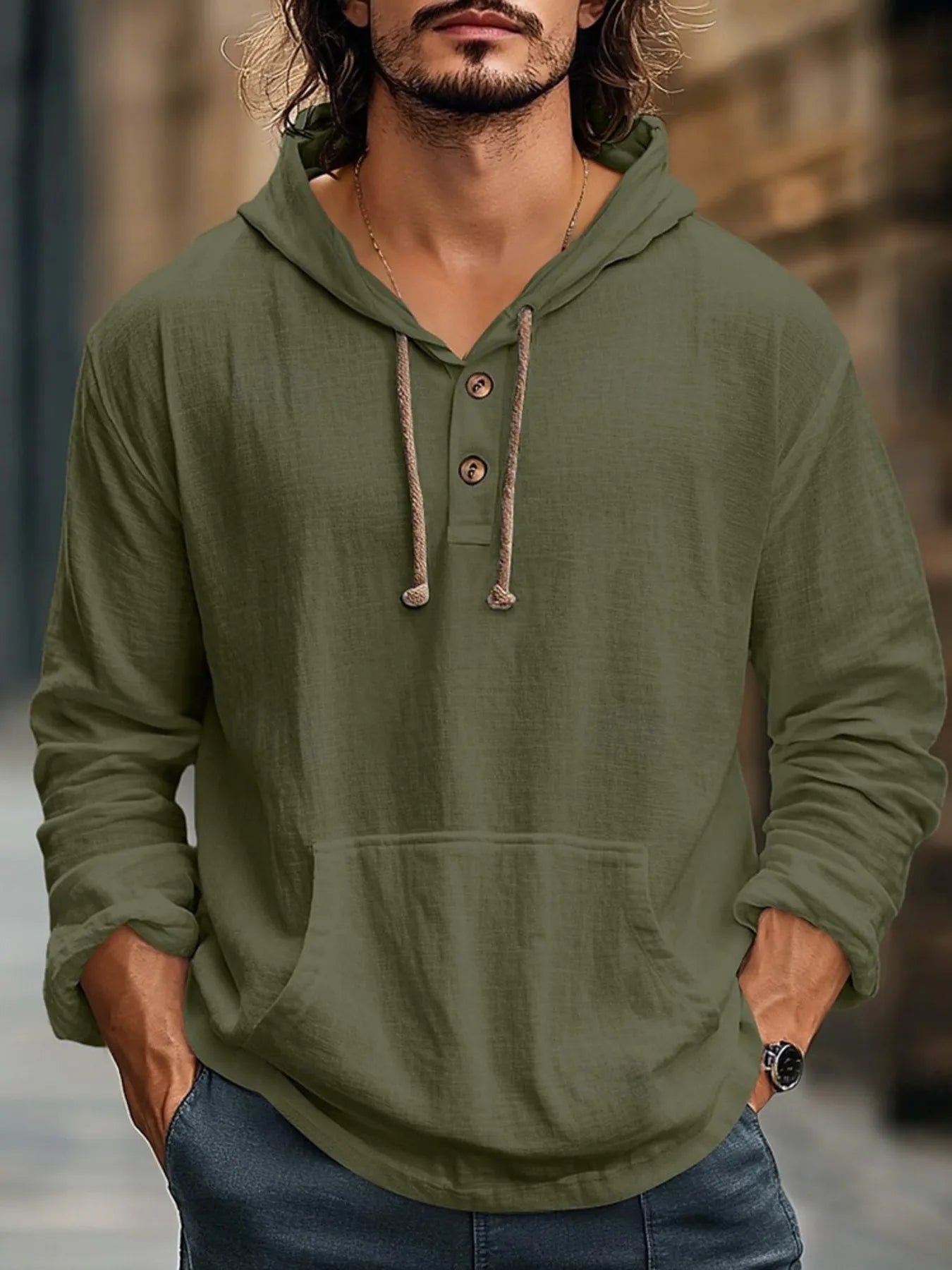 Men's Full Size Drawstring Long Sleeve Hoodie with Button Details Plus Size NicholesGifts