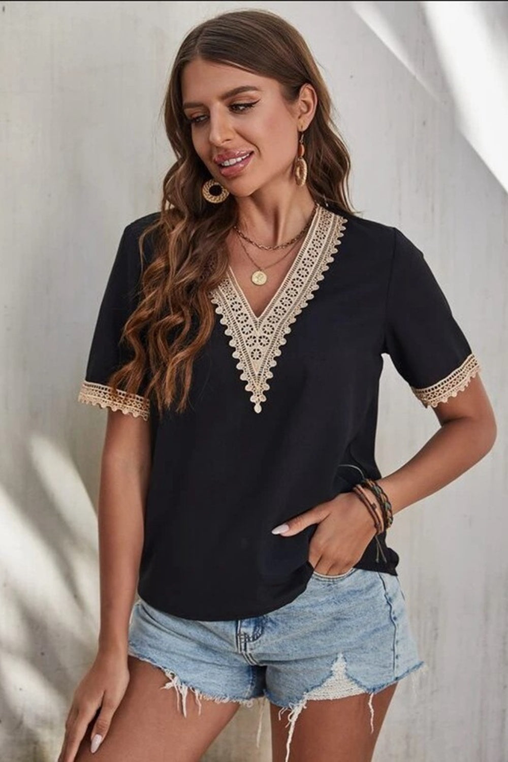 Full Size Lace Detail V-Neck Short Sleeve Blouse nicholesgifts