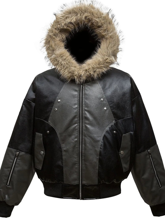Men's Faux Fur Hooded Contrast Bomber Jacket Trendsi