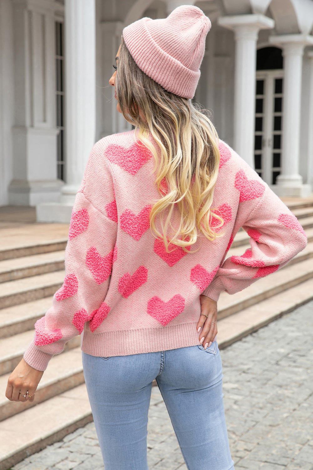 NicholesGifts Angel Wings Round Neck Dropped Shoulder Sweater with Heart Pattern NicholesGifts