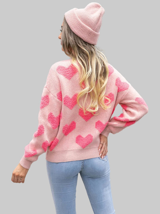 Women Angel Wings Round Neck Dropped Shoulder Sweater with Heart Pattern nicholesgifts