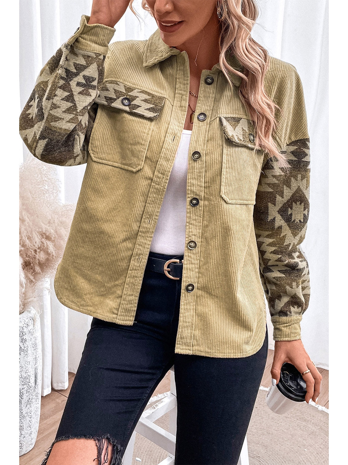 NicholesGifts Women Geometric Button Down Collared Jacket