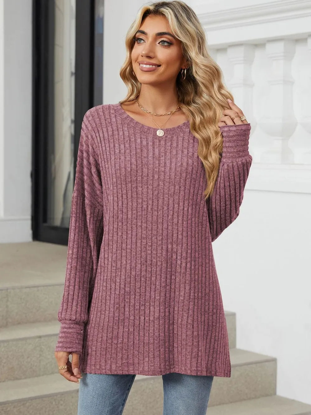 Ribbed Round Neck Long Sleeve T-Shirt NicholesGifts