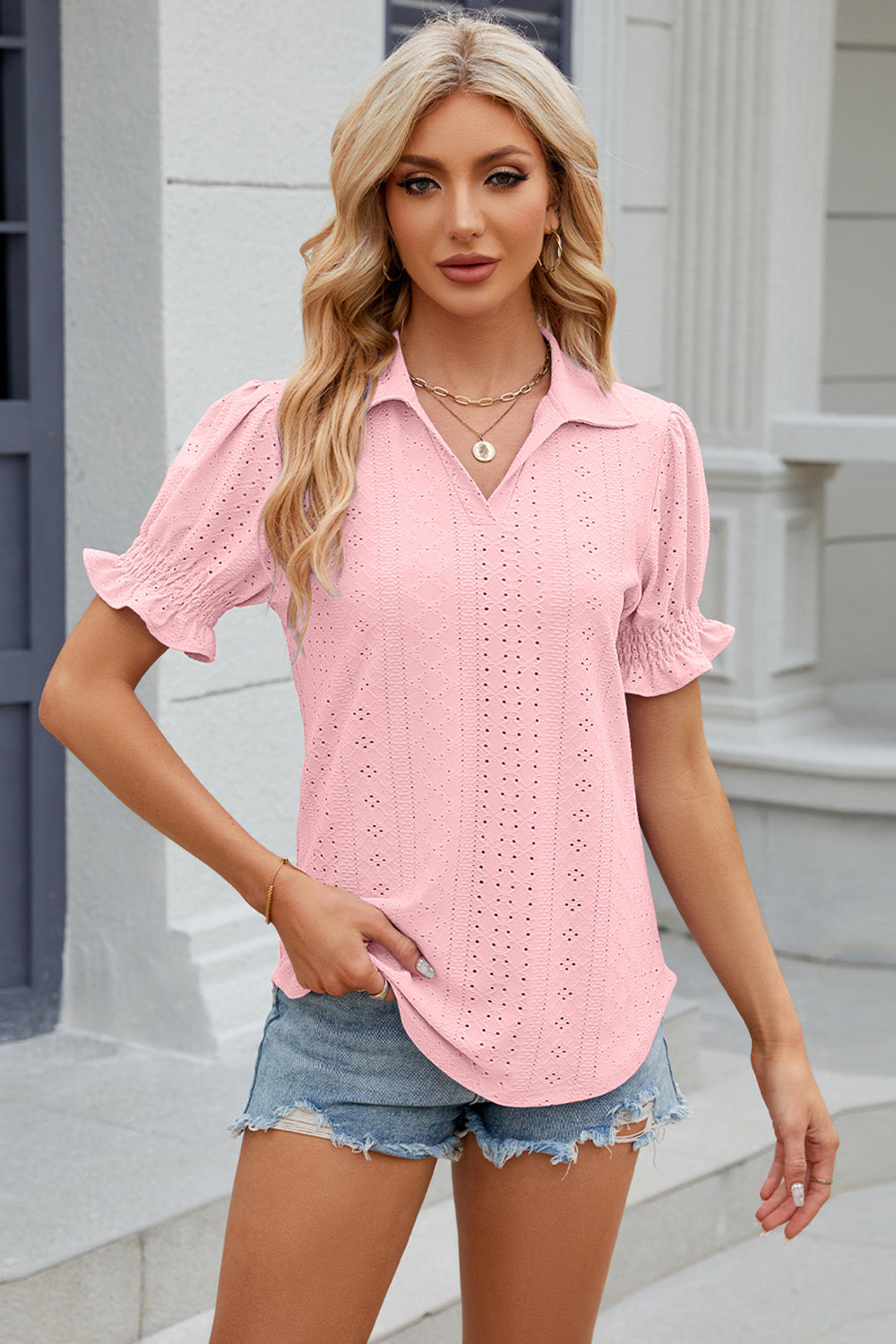 Eyelet Johnny Collar Short Sleeve Blouse nicholesgifts