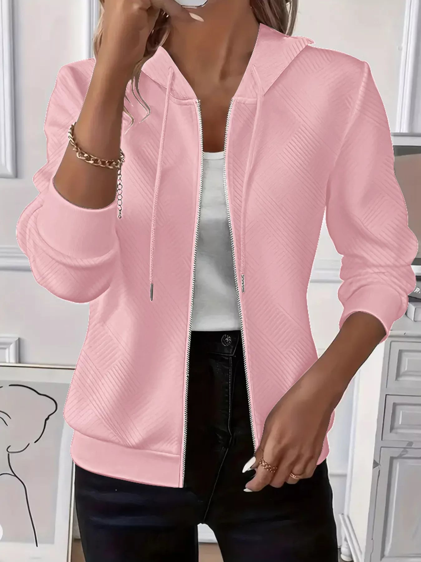 Texture Zip-Up Hoodie with Drawstring NicholesGifts