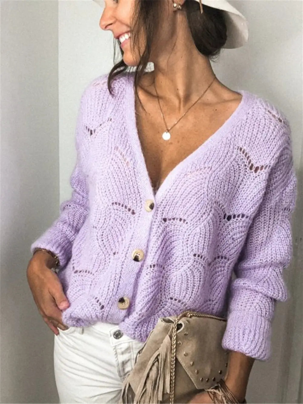 Openwork Button Up Long Sleeve Cardigan nicholesgifts