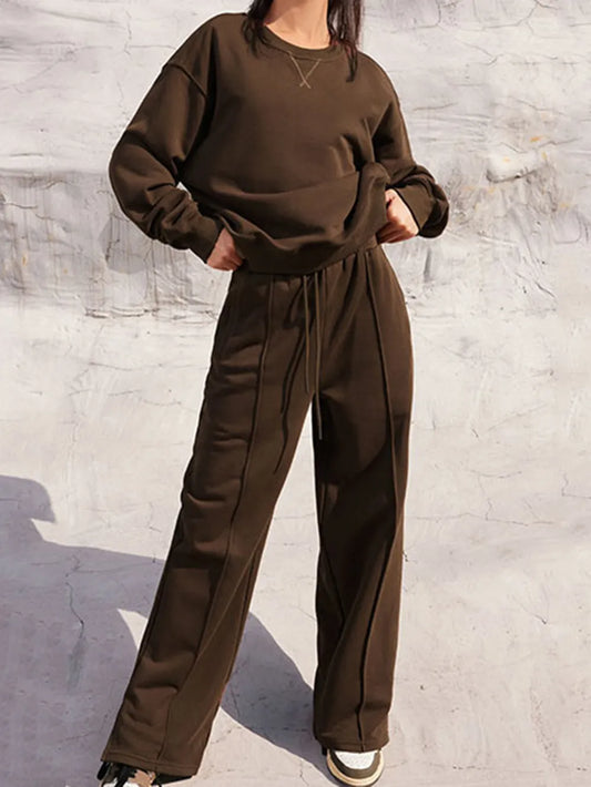 Round Neck Long Sleeve Top and Elastic Waist Pants Set nicholesgifts
