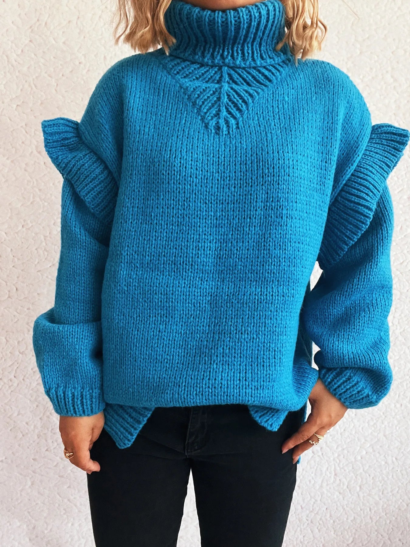 Women Ruffled Turtleneck Long Sleeve Sweater
