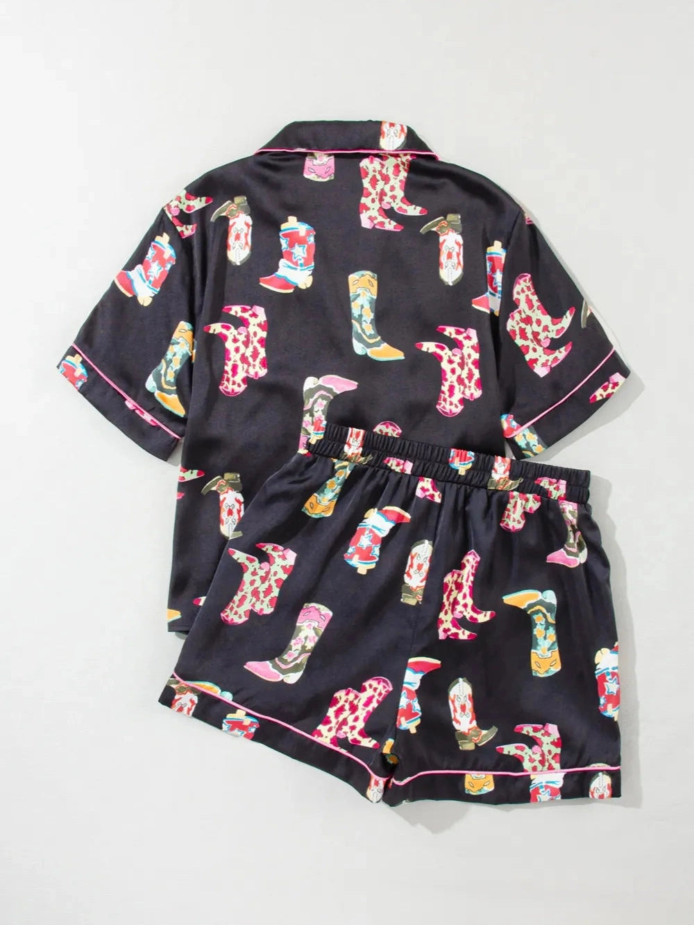 Printed Button Up Short Sleeve Top and Shorts Lounge Set nicholesgifts