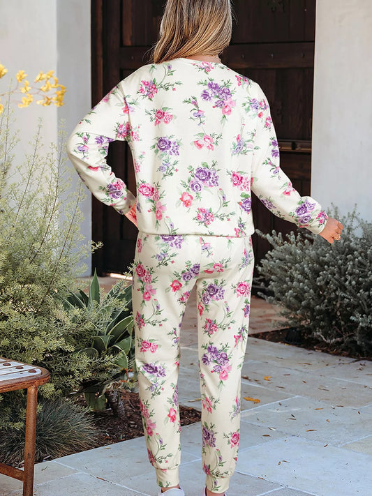 Floral Print Round Neck Top and Drawstring Pants Lounge Set Trendsi