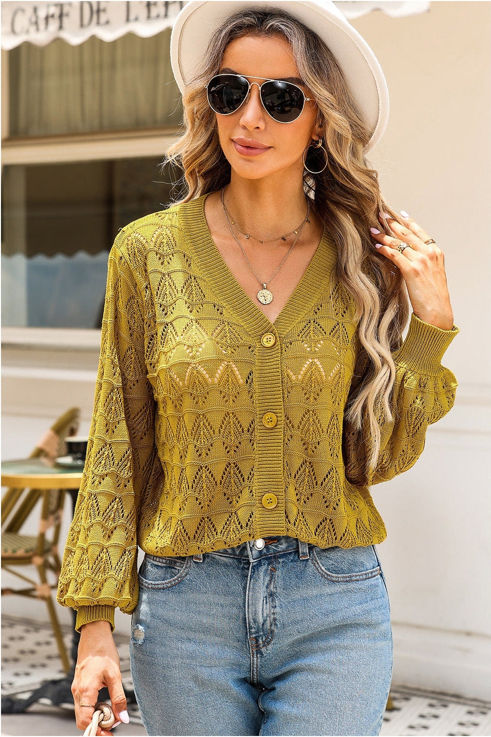 Openwork V-Neck Cardigan nicholesgifts