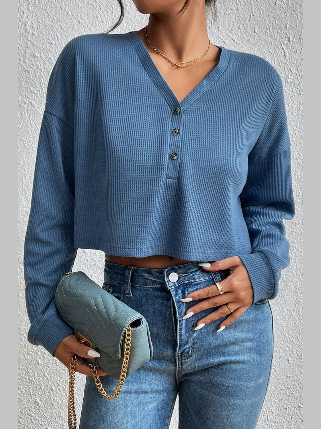 Ivy Lane Cropped V-Neck Raglan Sleeve Buttoned Blouse