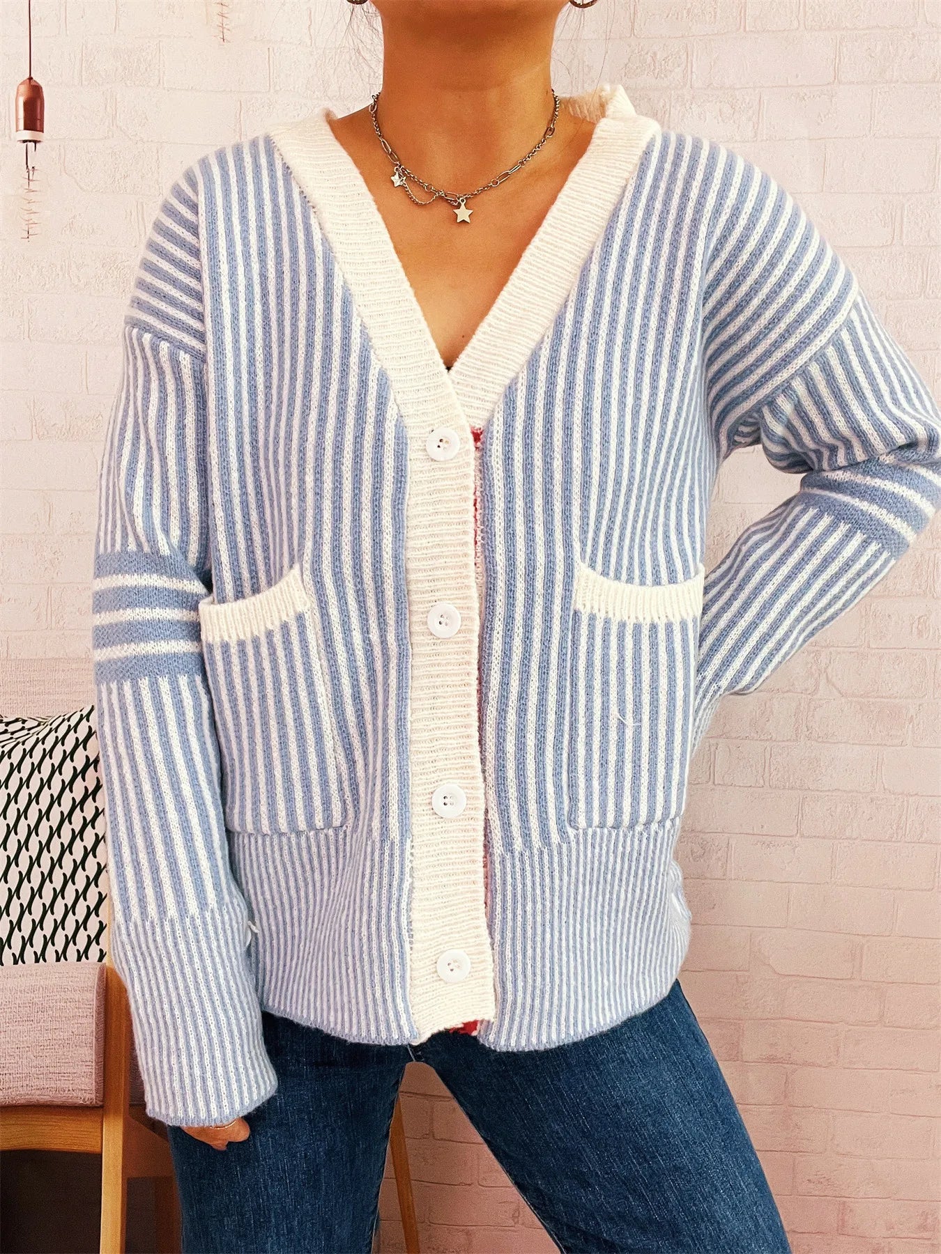 Striped Button-Front Cardigan with Contrast Trim