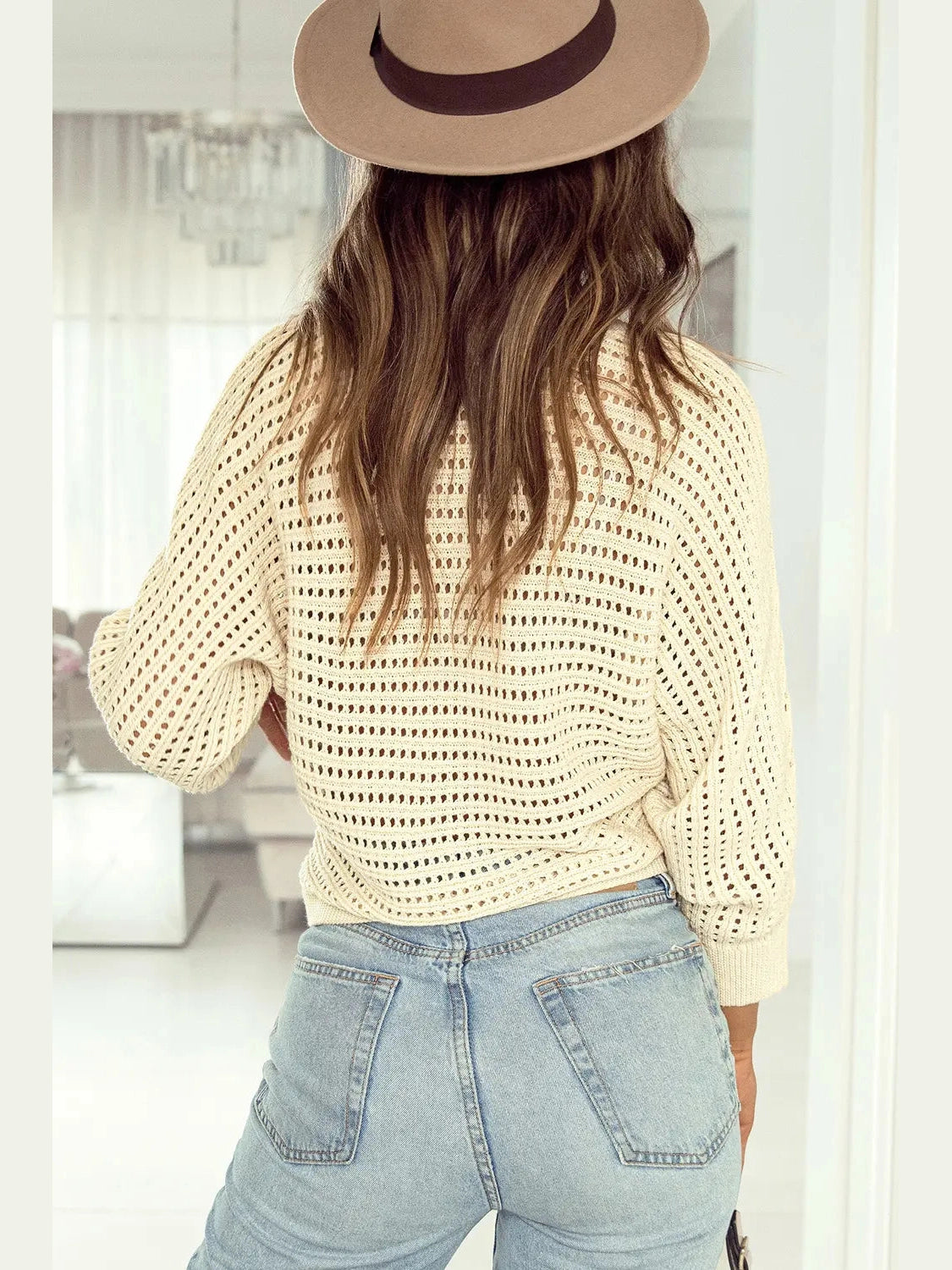 Openwork Round Neck Long Sleeve Sweater Trendsi
