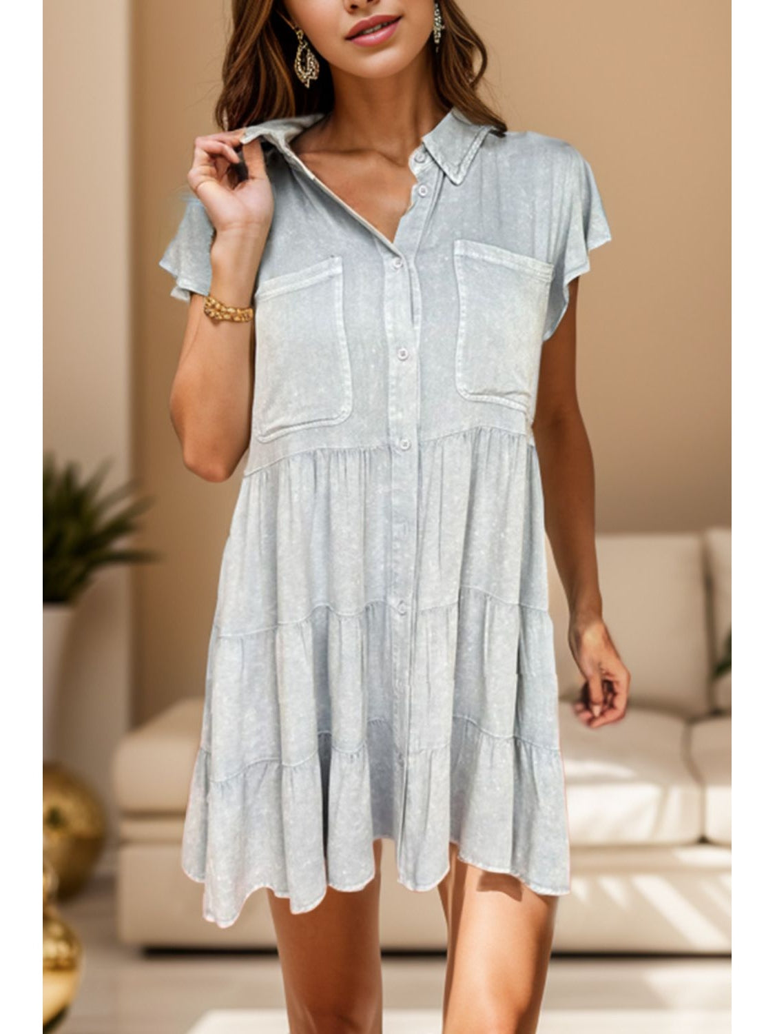 Women Button Up Cap Sleeve Denim Dress nicholesgifts