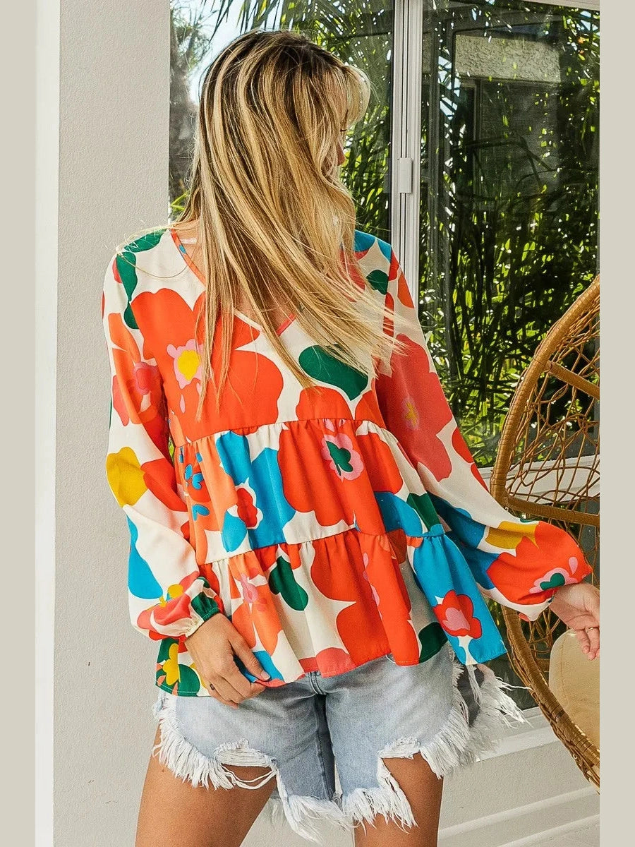 BiBi Floral Woven Tiered V Neck Top
