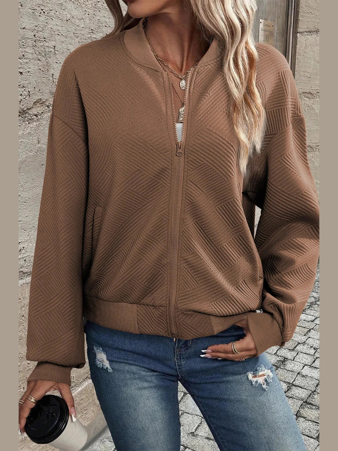 Textured Zip Up Baseball Collar Jacket Trendsi