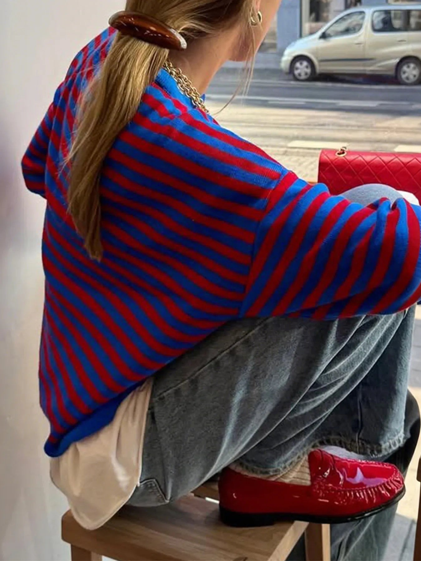 Striped Round Neck Long Sleeve Sweater Trendsi