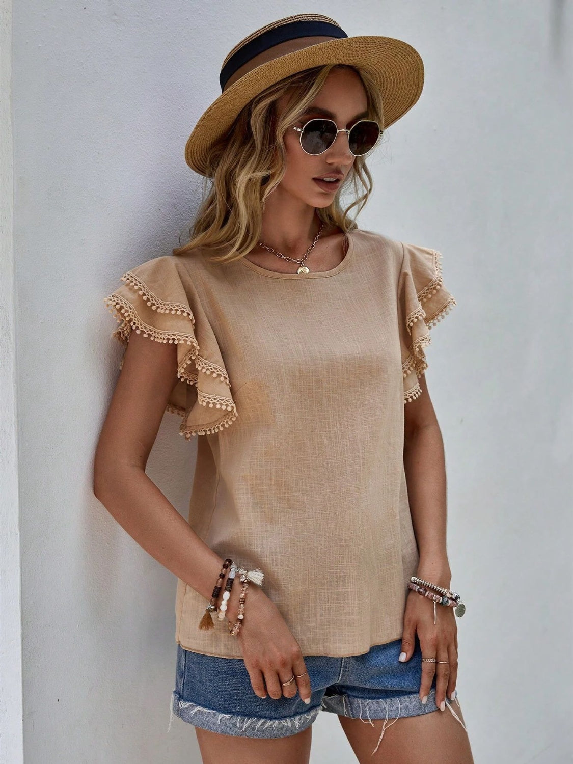 Ruffled Cap Sleeve Round Neck Blouse nicholesgifts