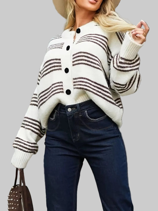 Women Striped Button-Down Knit Cardigan Sweater nicholesgifts