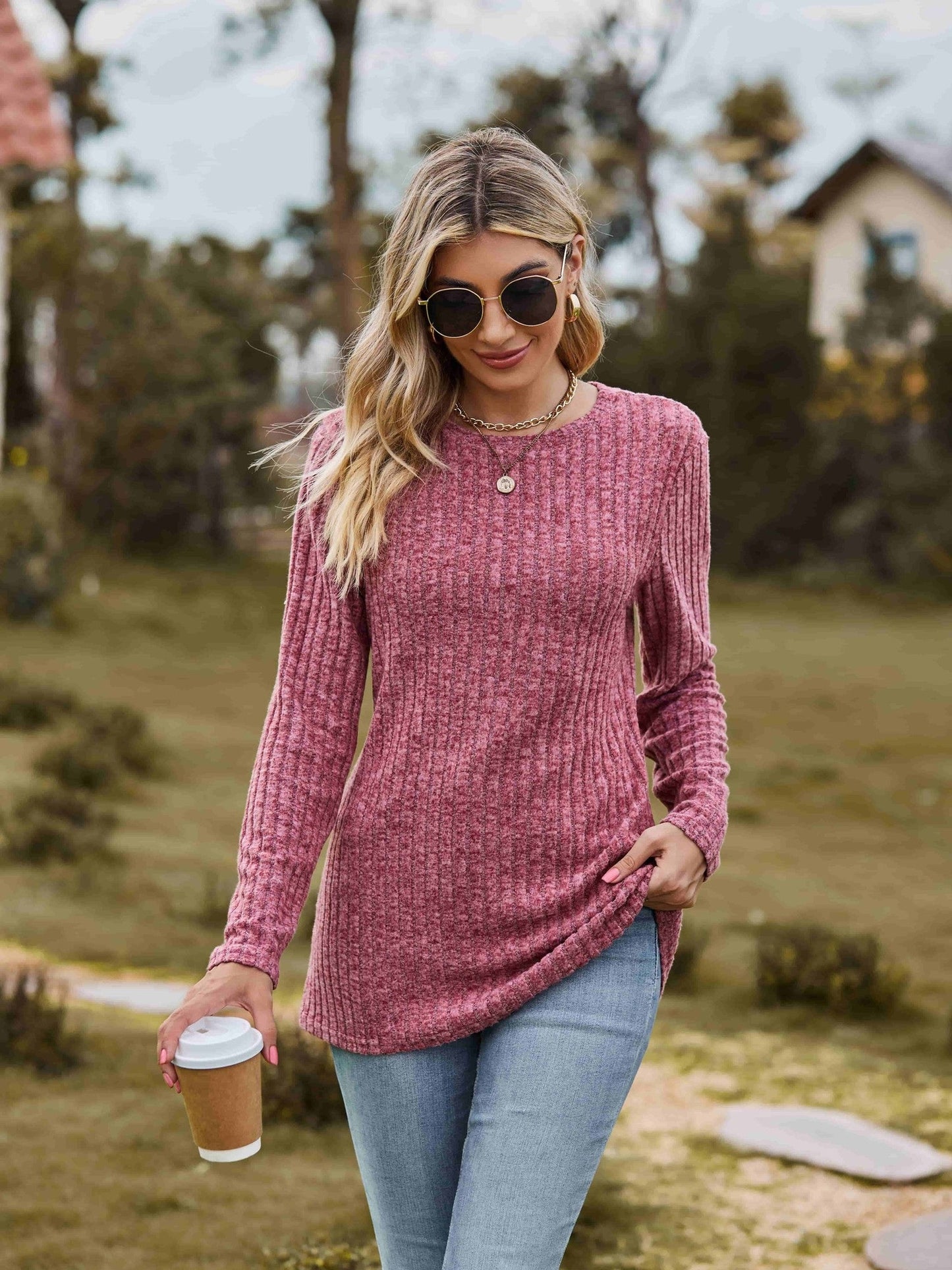 Ribbed Round Neck Long Sleeve Tee NicholesGifts