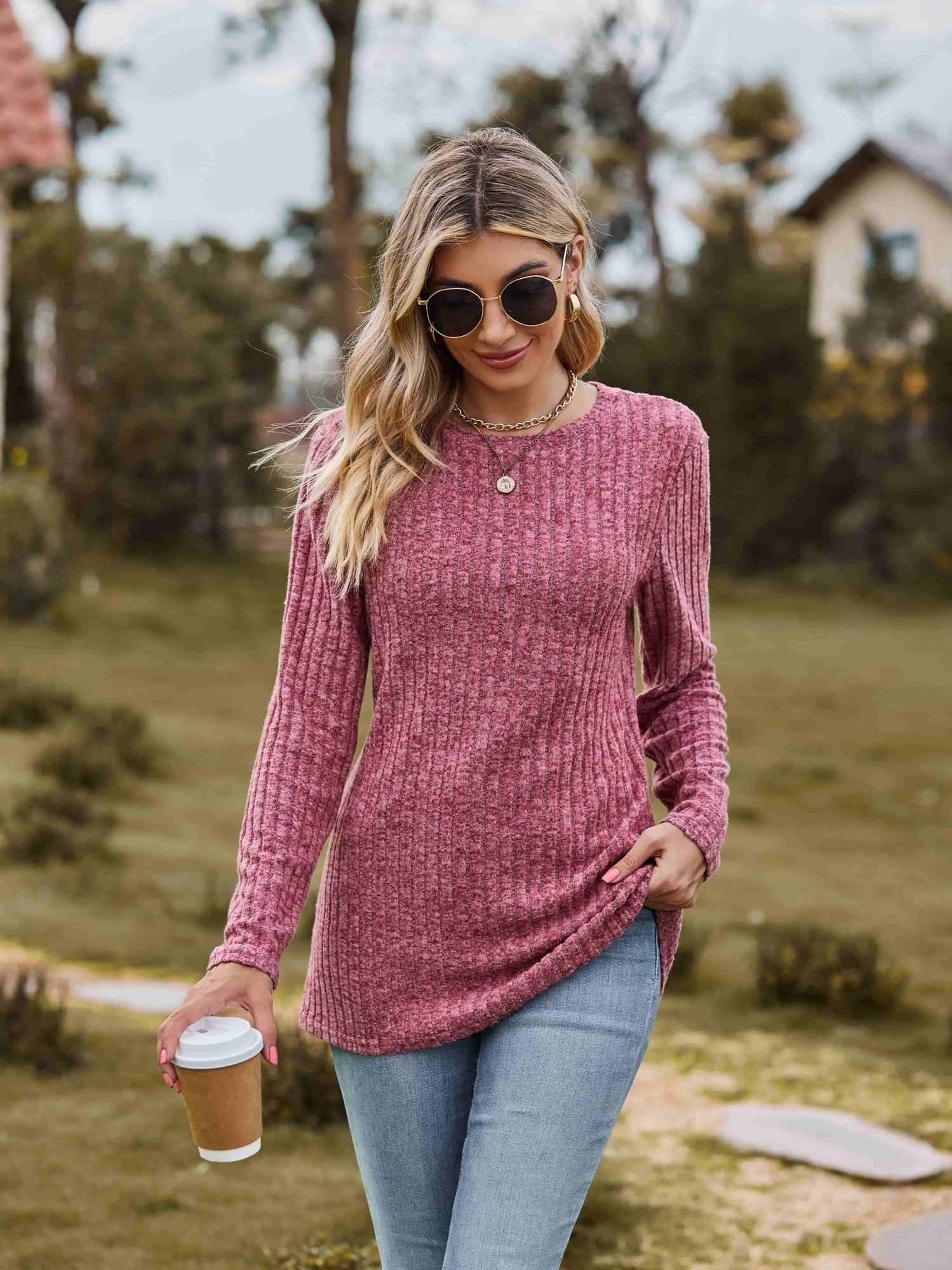 Ribbed Round Neck Long Sleeve Tee NicholesGifts