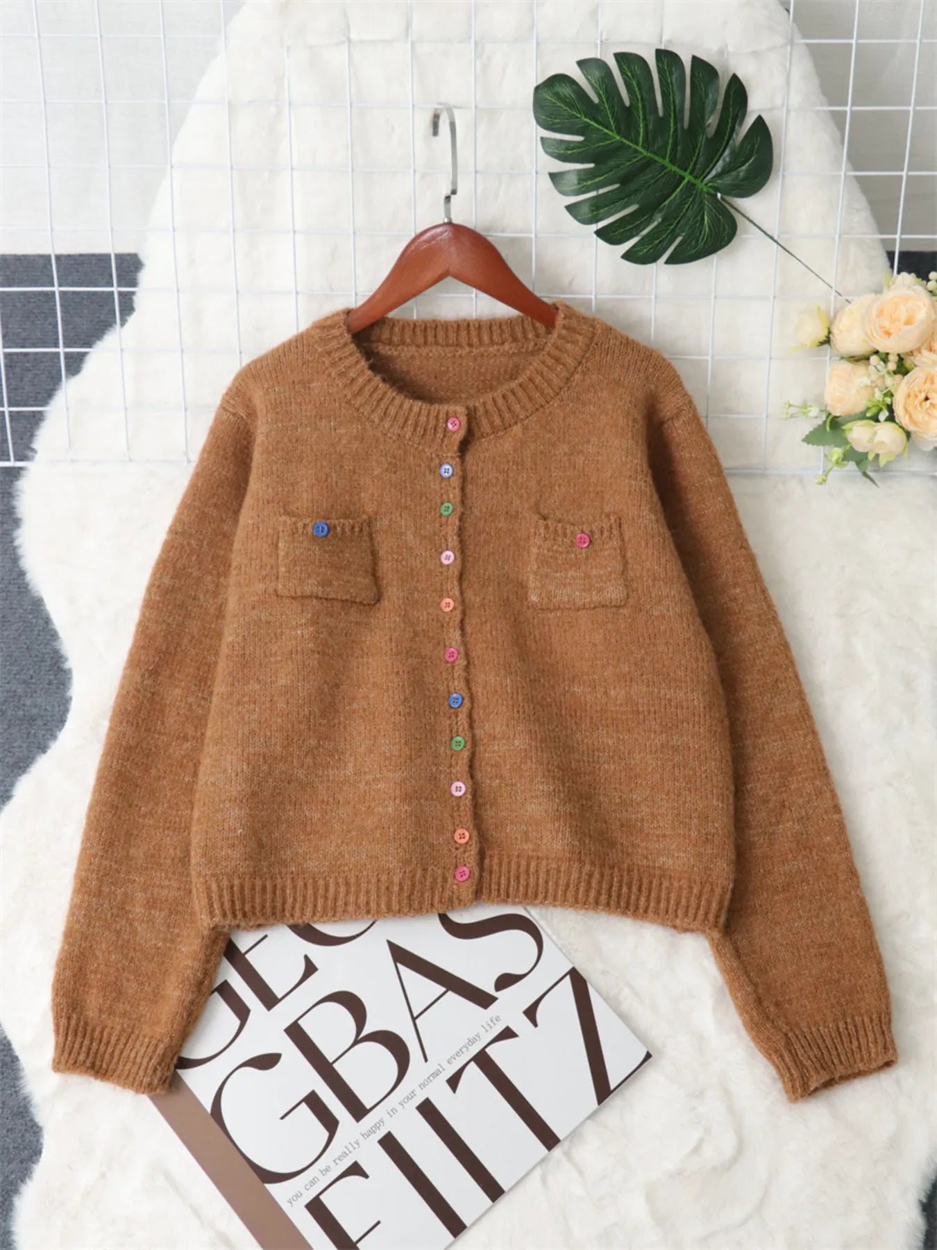 Button-Up Ribbed Hem Cardigan with Chest Pocket