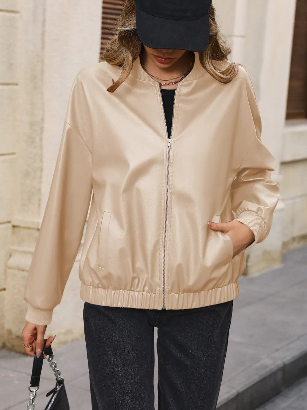 Ivy Lane Zip Up Baseball Collar Dropped Shoulder Jacket nicholesgifts