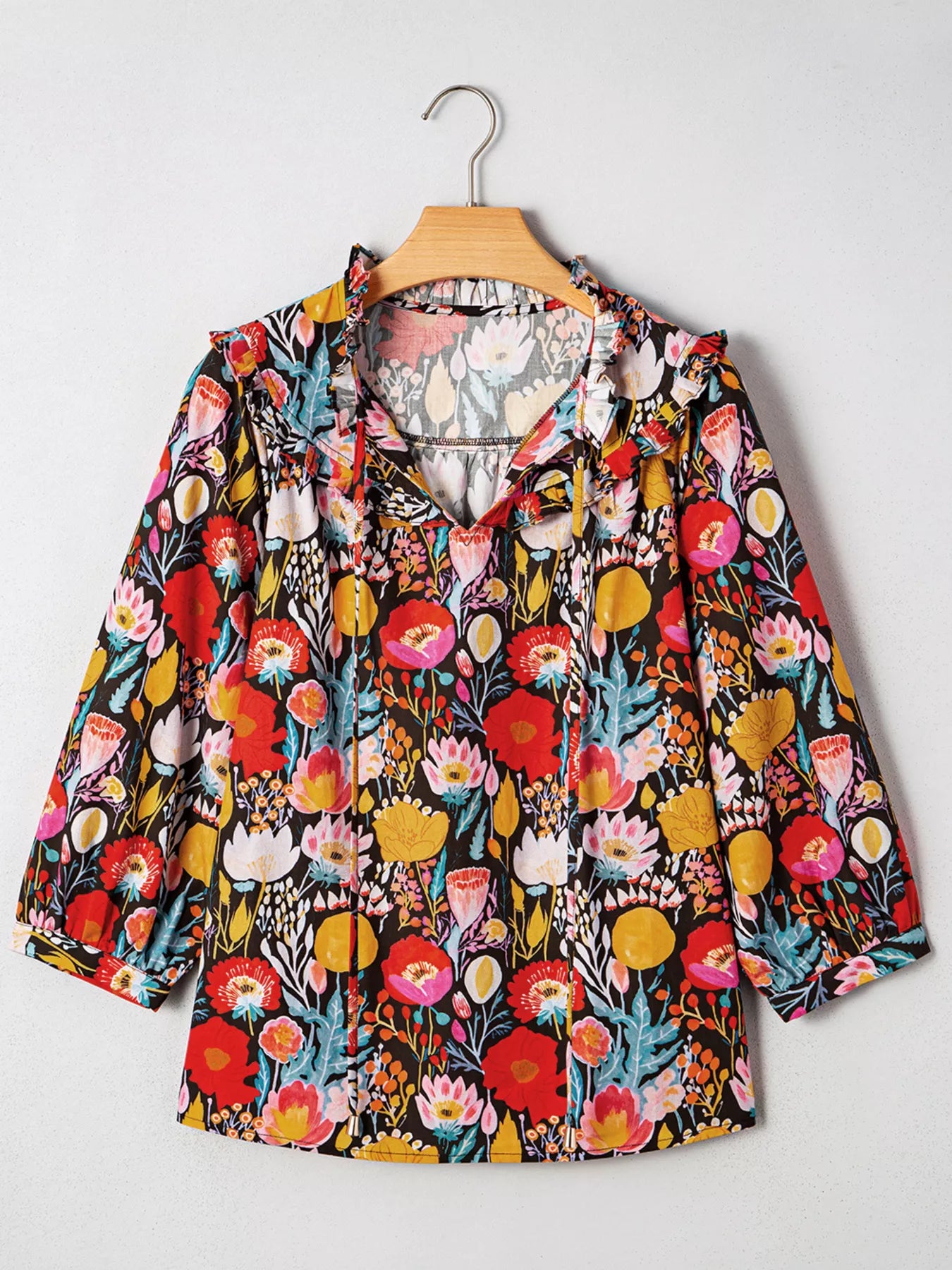 Floral 3/4 Puff Sleeve Tied Neck Blouse